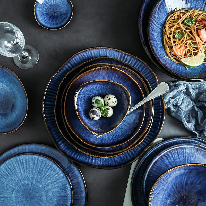 Afralia™ Ceramic Blue Glaze Tableware Plate Bowl Set - Eco-Friendly Porcelain, Solid Design