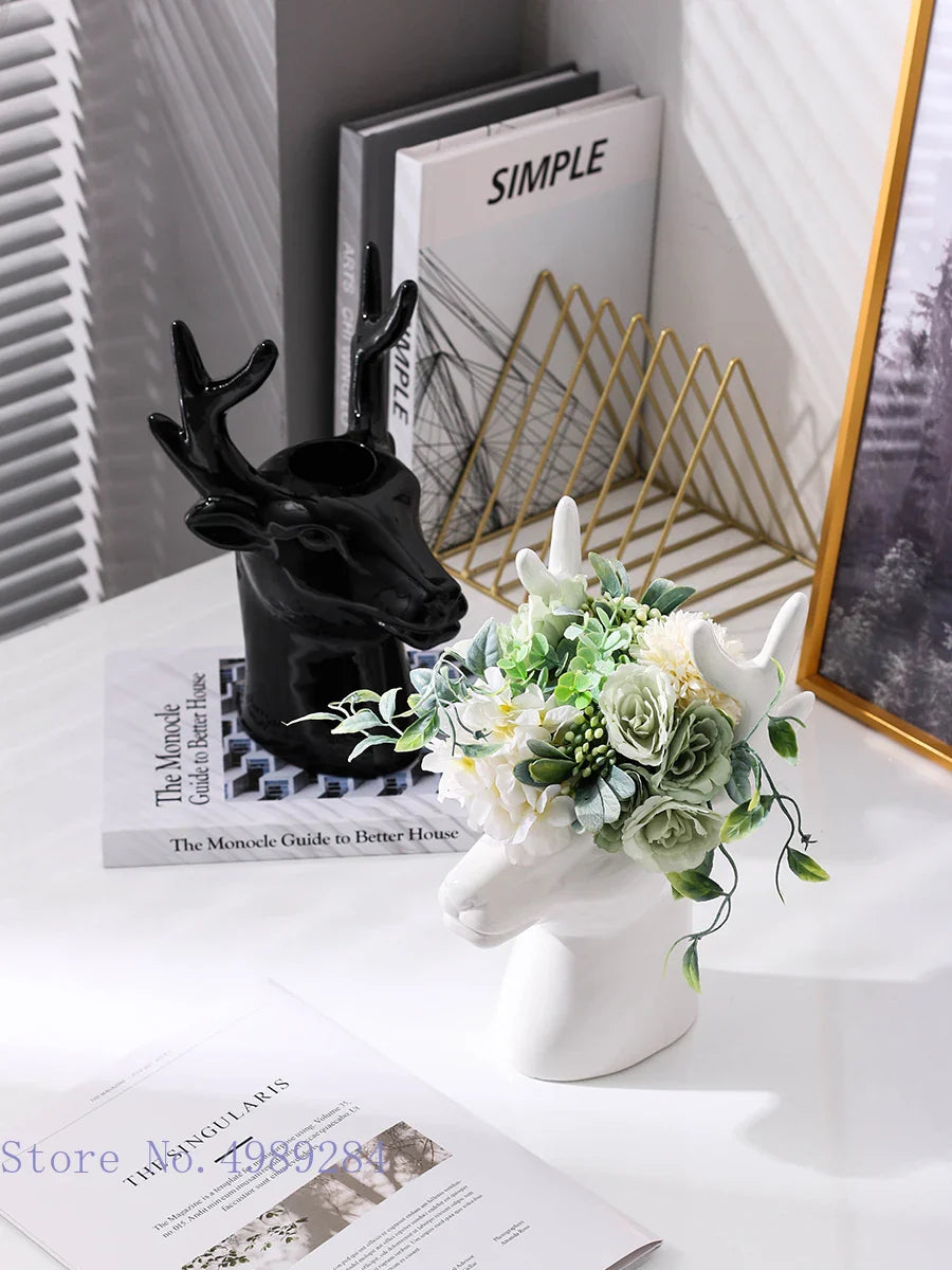 Afralia™ Deer Head Ceramic Vase - Home Decor Animal Head Flower Vase