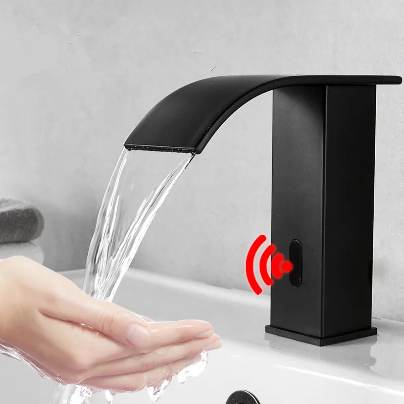 Afralia™ Black Sensor Waterfall Basin Faucet - Automatic Touchless Hot Cold Water Mixer