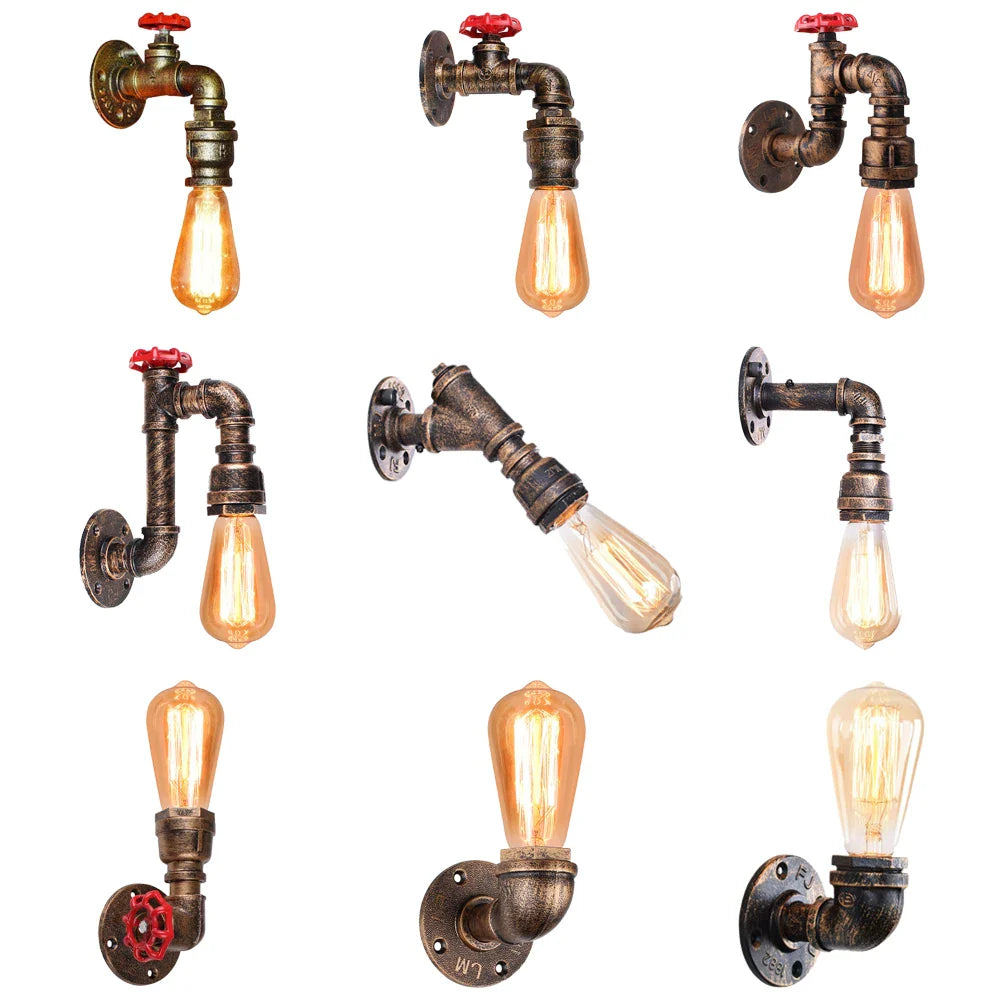 Afralia™ Rustic Iron Water Pipe Wall Sconce Industrial Vintage Bedside Lamp