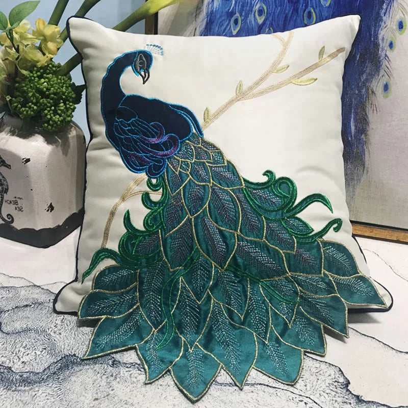 Afralia™ Embroidered Peacock Design Cushion Cover - Chinese Style Decorative Pillow Case