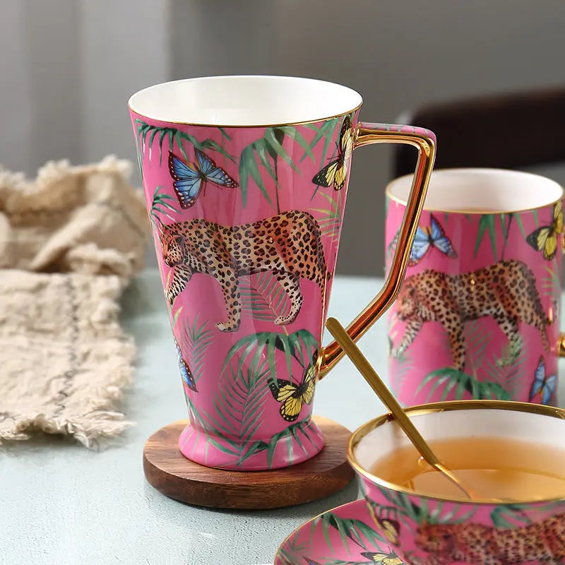 Afralia™ Jungle Animals Bone China Coffee Mug Set for Tea Lovers and Office Use