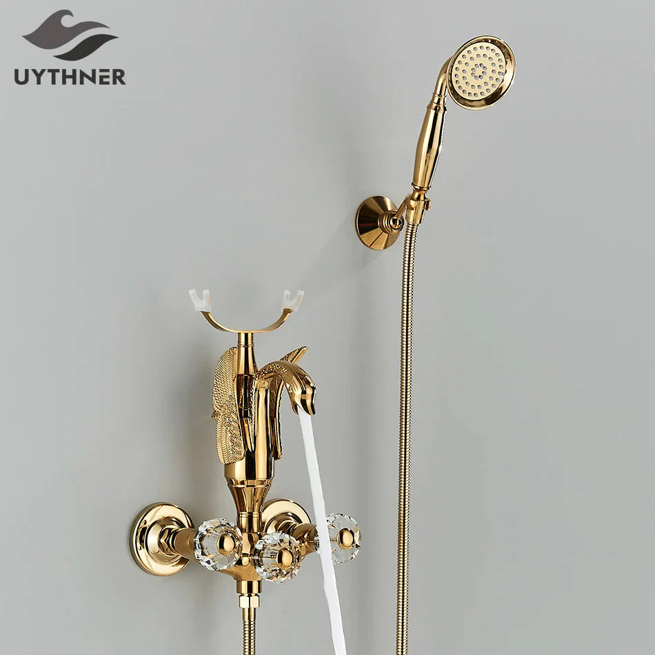 Afralia™ Swan Golden Bathroom Tub Faucet with Crystal Handwheel and Handshower