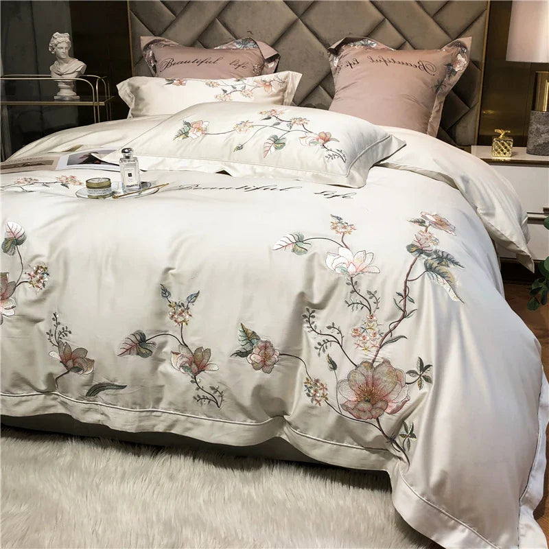 Afralia™ Luxury Bloom Flowers Embroidered Grey White Bedding Set