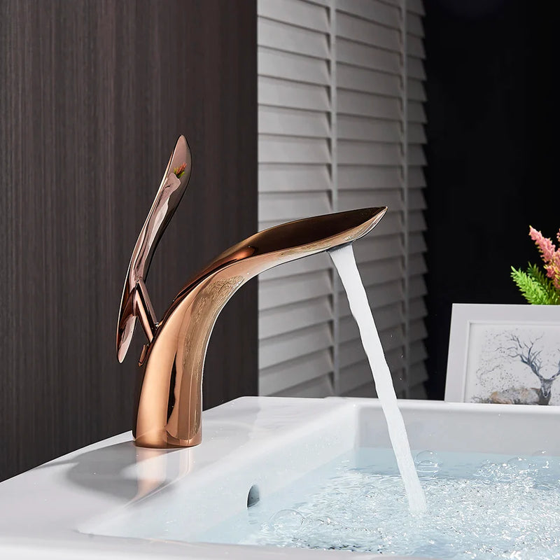 Afralia™ Rose Gold Brass Basin Faucet: Single Handle Hot Cold Water Mixer Tap