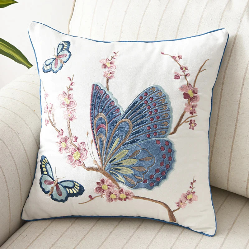 Afralia™ Butterfly Floral Cotton Embroidered Pillow Cover 45x45cm Home Decor Square