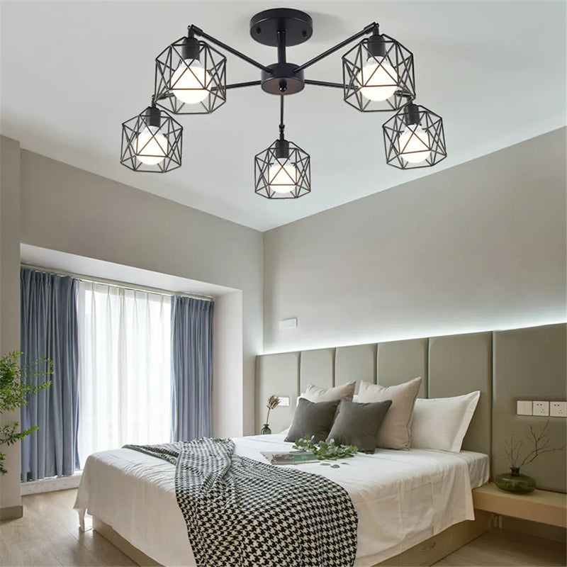 Afralia™ Black Iron Cage Chandelier: Adjustable Spider Design Modern Ceiling Lamp