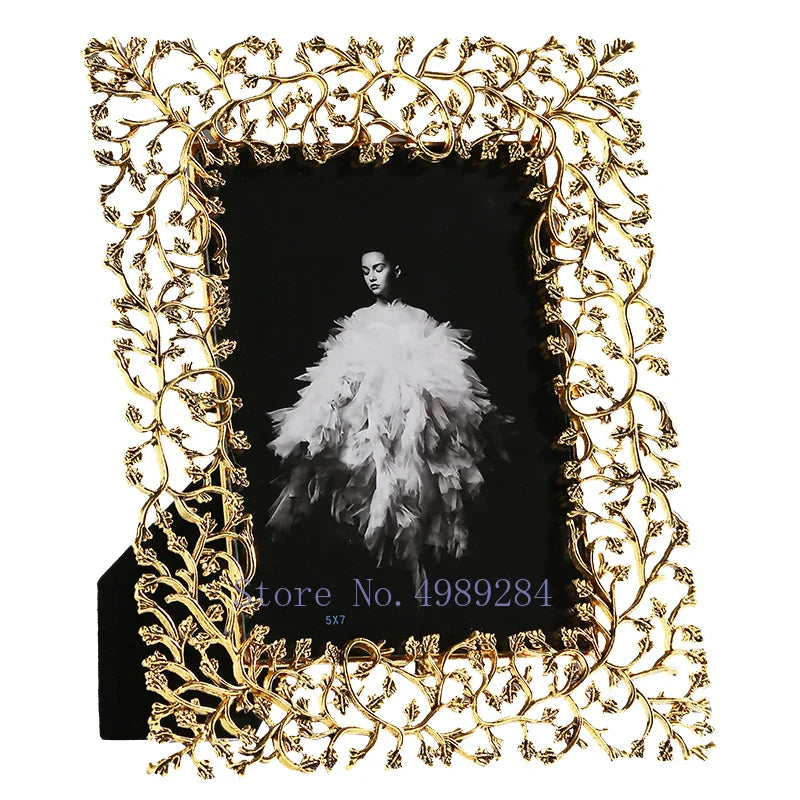Afralia™ Golden Leaves Metal Photo Frame: Modern Home Decor & Picture Display