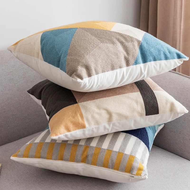 Afralia™ Geometric Embroidery Cushion Cover Set - Blue Coffee Yellow Grey Abstract Square