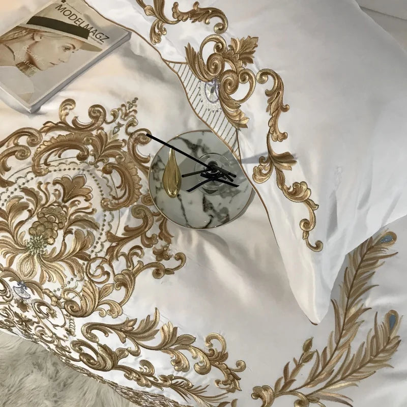 Afralia™ White Satin Cotton Bedding Set with Royal Gold Embroidery