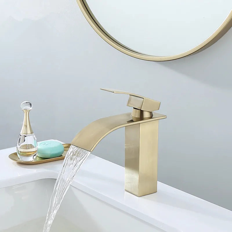 Afralia™ Brushed Gold Basin Faucet: Solid Brass Single Handle Mixer Tap, Deck Mounted.