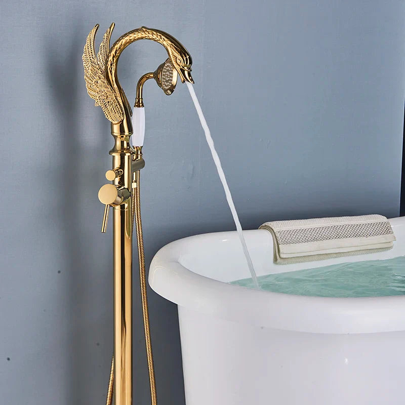 Afralia™ Swan Floor Standing Bathtub Faucet Set - Luxury Gold, Hot & Cold Dual Handles