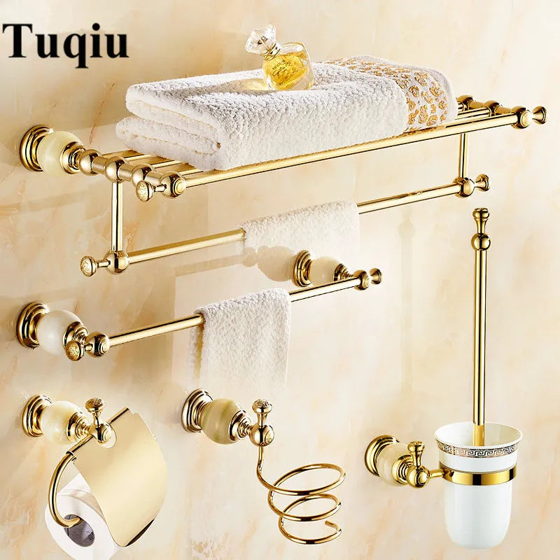 Afralia™ Brass Jade Bathroom Hardware Set: Corner Shelf, Paper Holder, Towel Bar, Soap Basket, Rack.