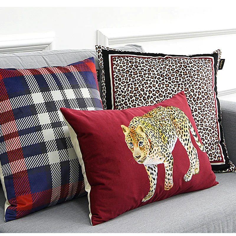 Afralia™ Red Velvet Textured Leopard Print Luxury Lumbar Pillow Case 35x55cm