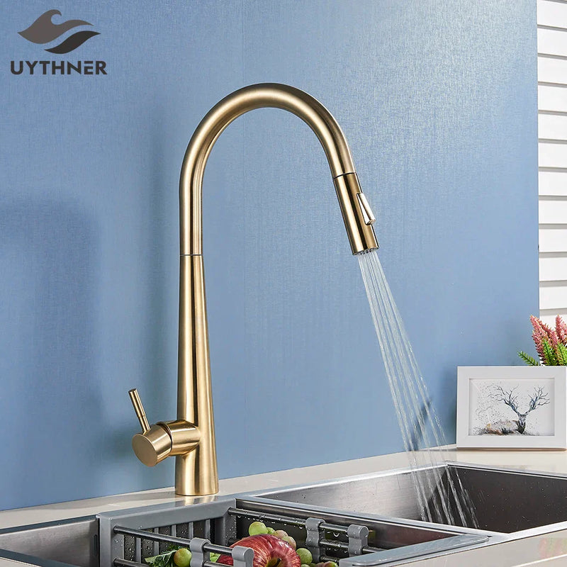 Afralia™ Gold Swivel Kitchen Faucet with Pull Down Sprayer