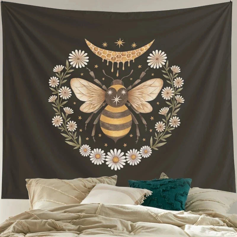 Afralia™ Honey Floral Bee Daisy Flower Wall Decor Tapestries for Bedroom and Living Room