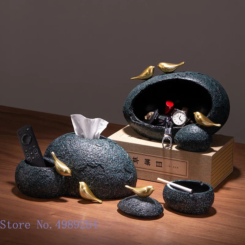 Afralia™ Golden Bird Resin Tissue Box Ashtray Desktop Organizer Storage Box