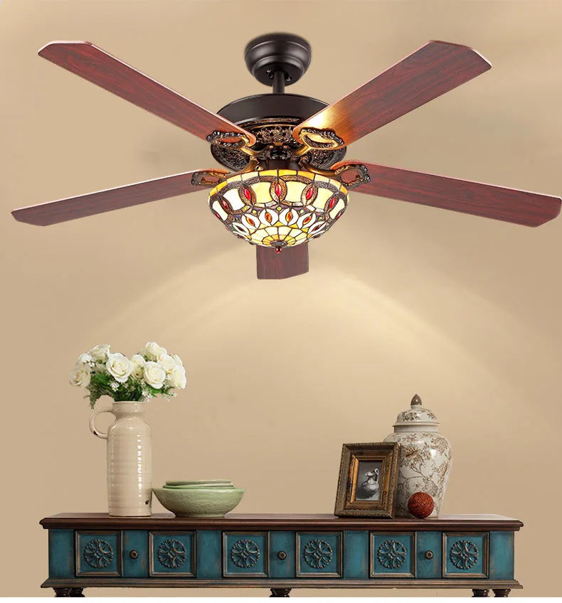 Afralia™ 52-inch Tiffany Ceiling Fan Light with Remote Control and Wood Leaf Design