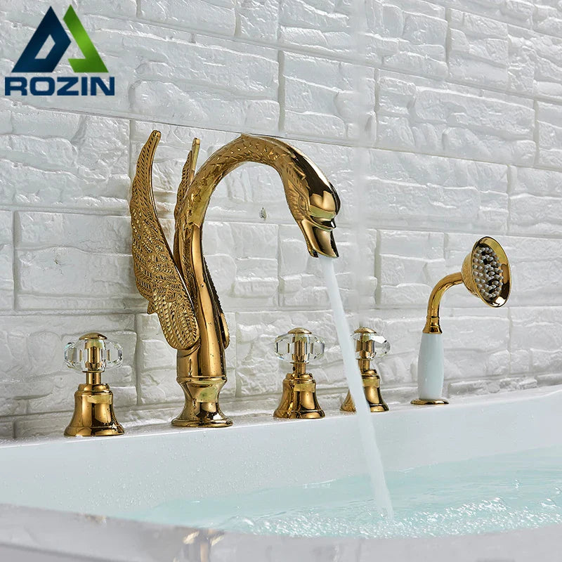 Afralia™ Crystal Knob Swan Faucet 5-Hole Widespread Tub Mixer with Handshower