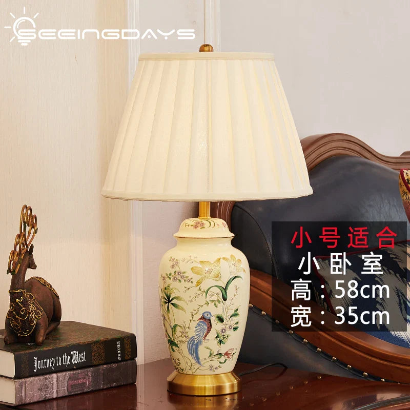 Afralia™ Country Flower Bird Ceramic Table Lamp Modern Simple Retro Bedroom Bedside