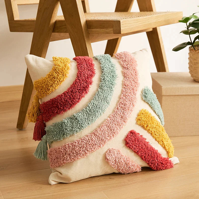 Afralia™ Tuft Tassels Rainbow Cushion Cover for Sofa Bed Living Room