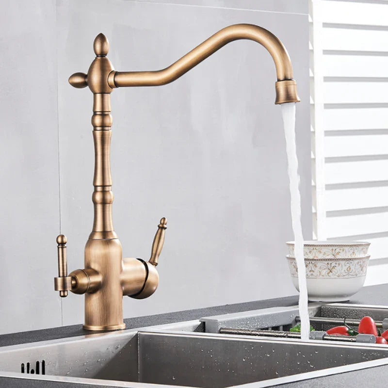 Afralia™ Antique Brass Dual Spout Kitchen Filter Faucet - Hot Cold Mixer Taps