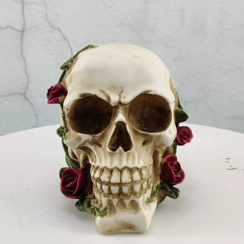 Afralia™ Rose Skull Halloween Decoration Resin Skeleton Head Sculpture Ornament Bar Home Decor