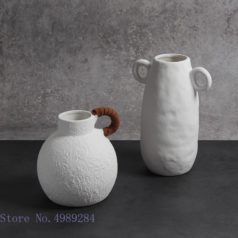 Afralia™ Retro Continental White Ceramic Flower Vase - Handle Ornament Rough Surface