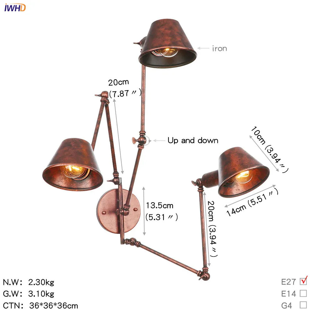 Afralia™ Swing Arm LED Wall Light Industrial Vintage Sconce - 3 Heads Loft Style