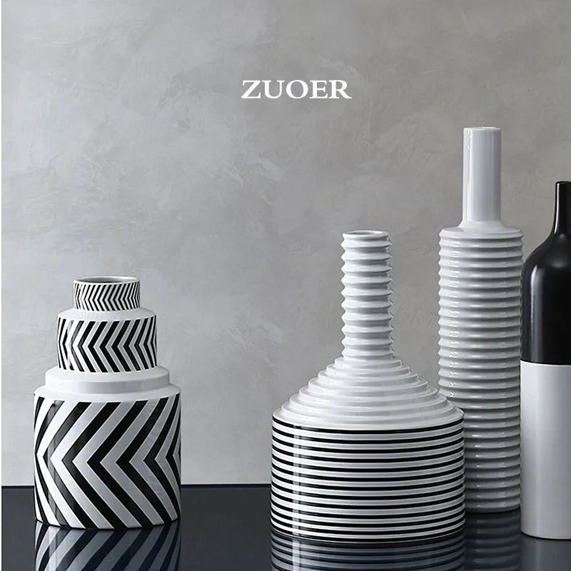 Afralia™ Modern Black White Striped Ceramic Vase Geometric Art Deco Home Decor