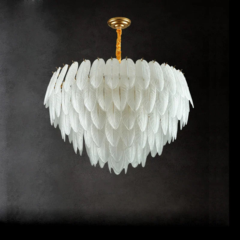 Afralia™ Art Deco White Glass Feather Chandelier with LED Lighting for Foyer & Bedroom