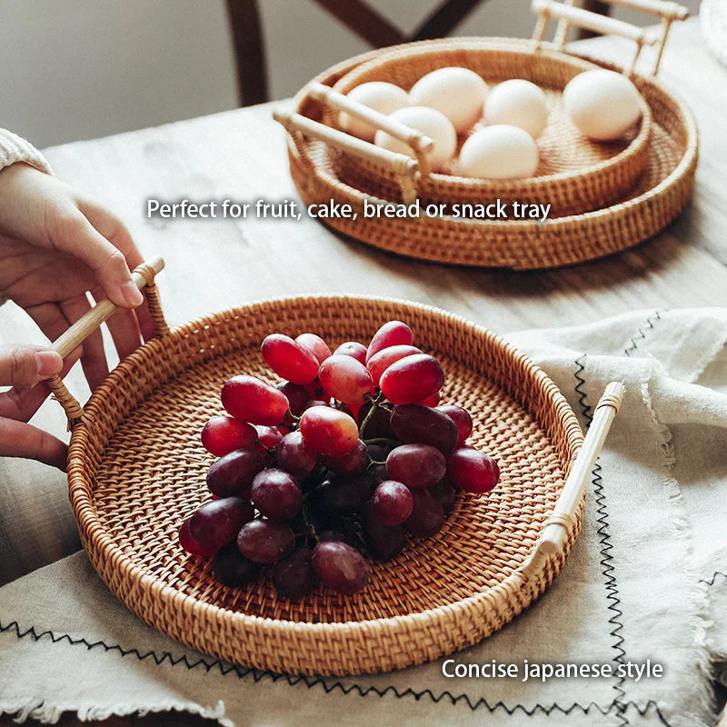 Afralia™ Round Rattan Tray with Wooden Handle for Food, Fruit, and Dinner Serving