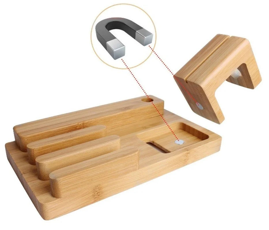 Afralia™ Bamboo Base 3-in-1 Charging Stand for Phone and Watch