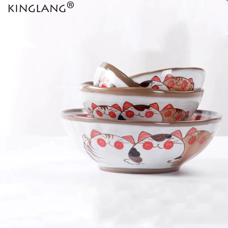 Afralia™ Japanese Style Handmade Fortune Cat Ceramic Bowl - Eco-Friendly Porcelain Bowl