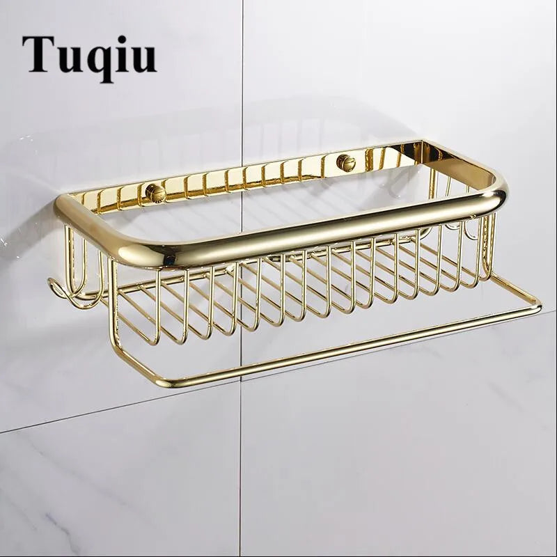 Afralia™ Gold Brass Bathroom Shelf with Towel Hanger, Shampoo Holder, and Basket