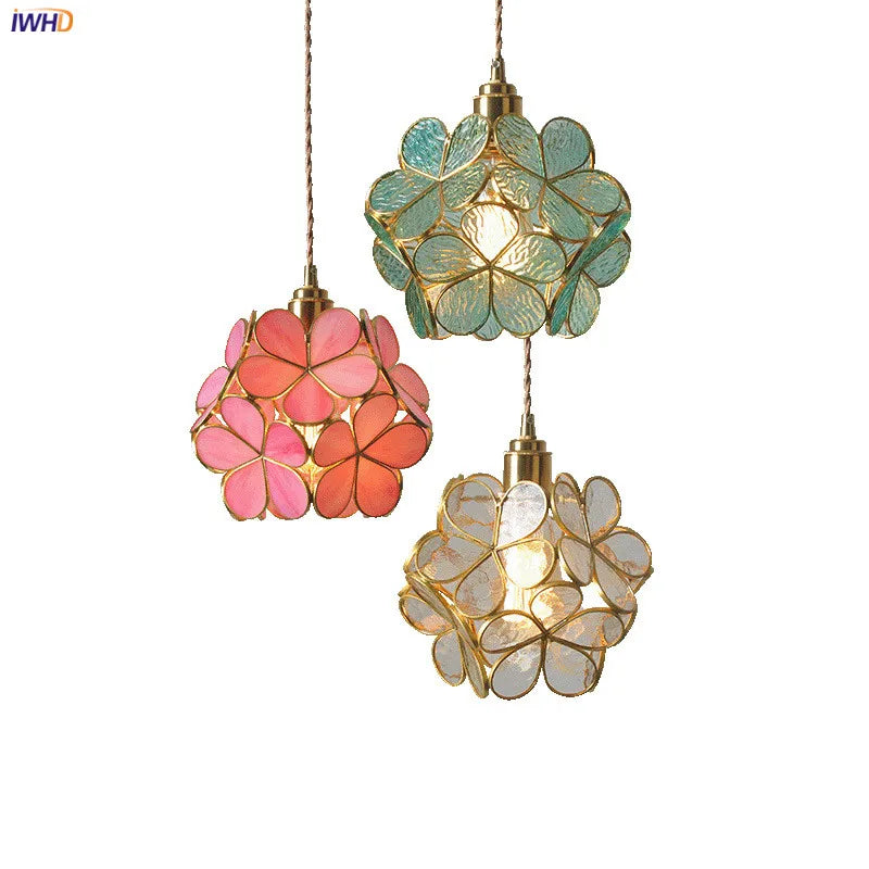 Afralia™ Nordic Flower Copper Glass LED Pendant Light for Bedroom Dinning Living Room