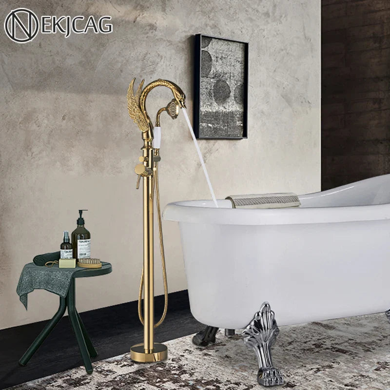 Afralia™ Gold Swan Freestanding Bathtub Faucet with Handshower