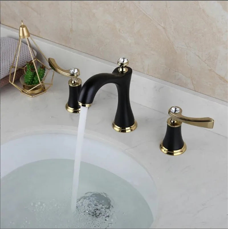 Afralia™ Black & Gold Brass Bathroom Sink Faucets Double Handle Waterfall Faucet