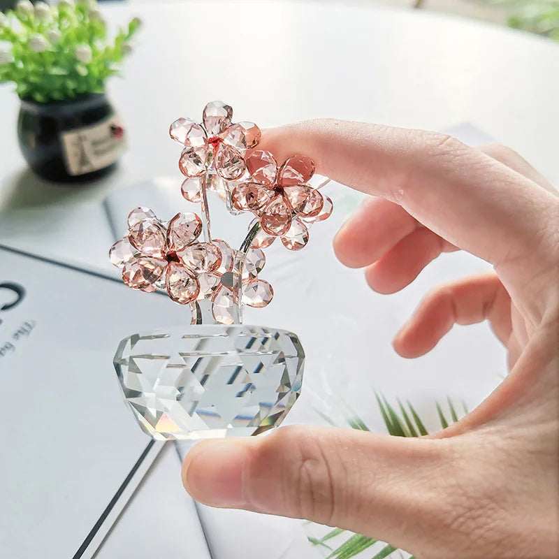 Afralia™ Pink Crystal Plum Blossom Figurine Glass Sculpture Decor Ornament Centerpiece