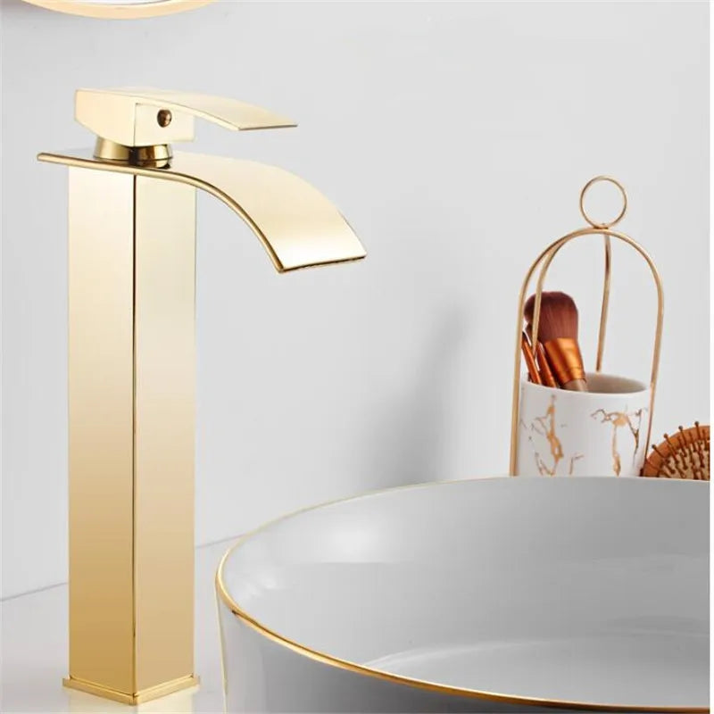 Afralia™ Gold Waterfall Basin Faucet: Brass Bathroom Mixer Tap, Hot Cold Sink Faucet