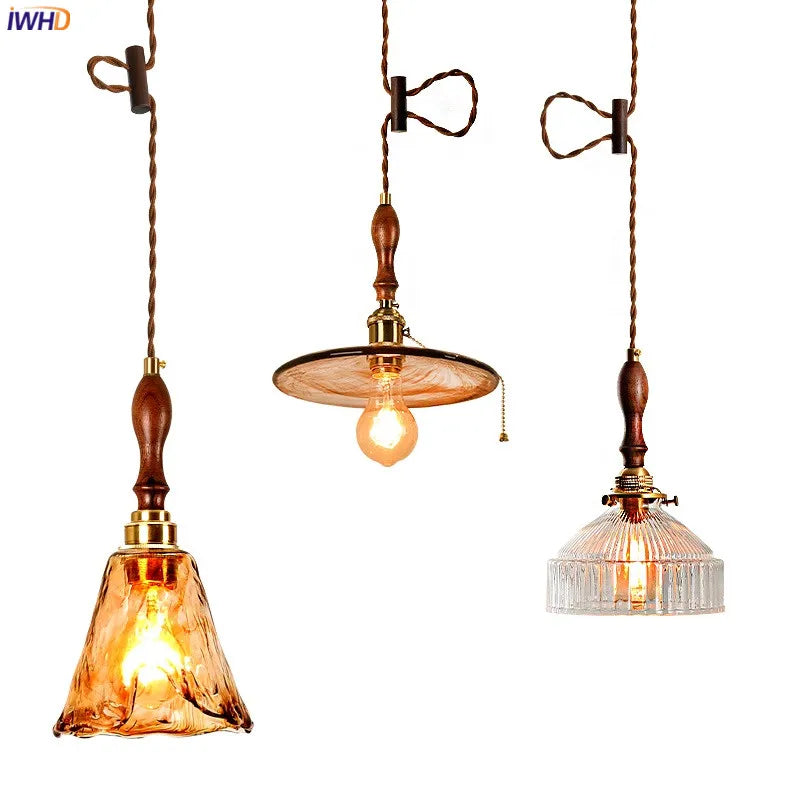 Afralia™ Nordic Wooden Glass Pendant Lights | Bedroom Living Room Copper Vintage Lamp