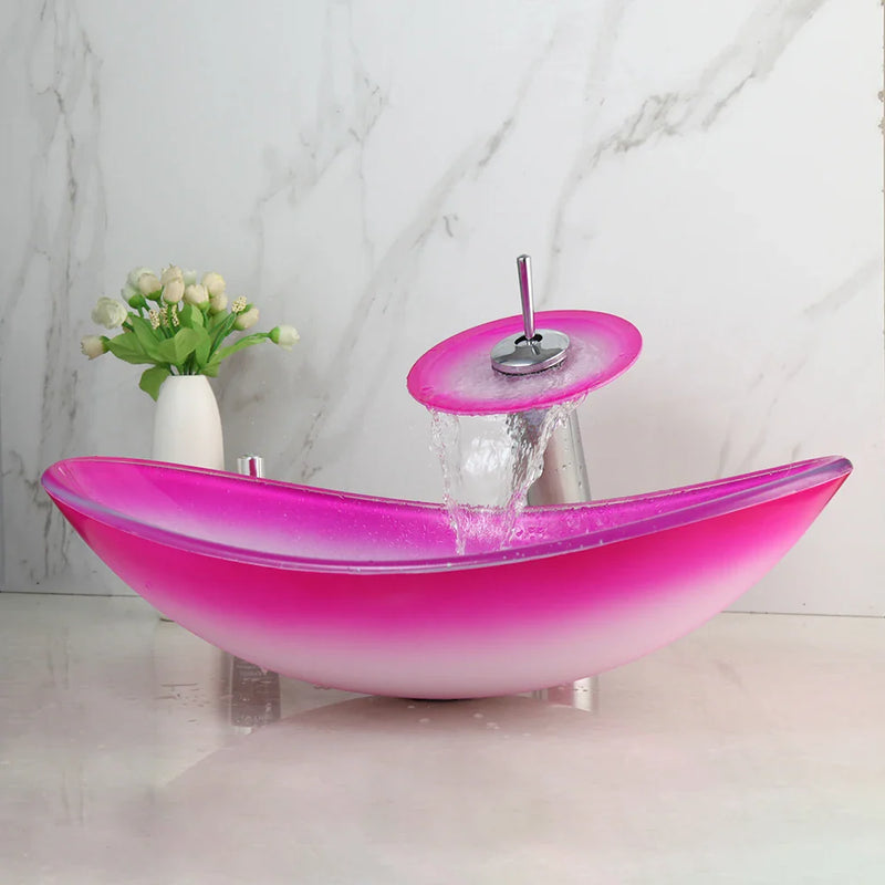 Afralia™ Pink Flower Glass Vessel Sink Set with Faucet - Hand Painted Artistic Design