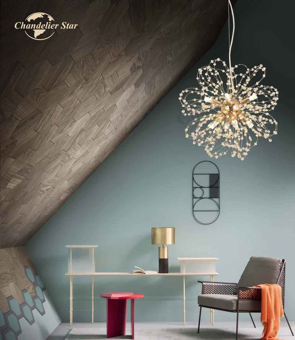 Afralia™ Nordic Dandelion Crystal LED Chandelier: Modern Sunflowers Pendant Light for Bedroom & Living Room