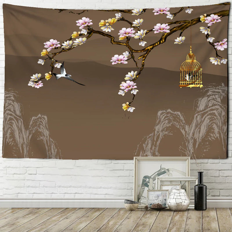 Afralia™ Peach Blossom Birdcage Lotus Tapestry Wall Hanging