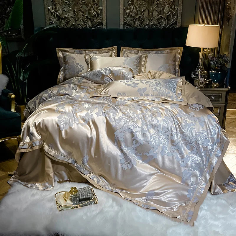 Afralia™ Luxury Soft Satin Jacquard Cotton Bedding Set in Blue/Gold/Gray, Queen/King Sizes