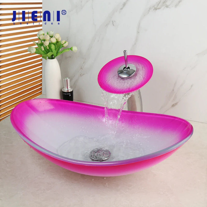 Afralia™ Pink Flower Glass Vessel Sink Set with Faucet - Hand Painted Artistic Design