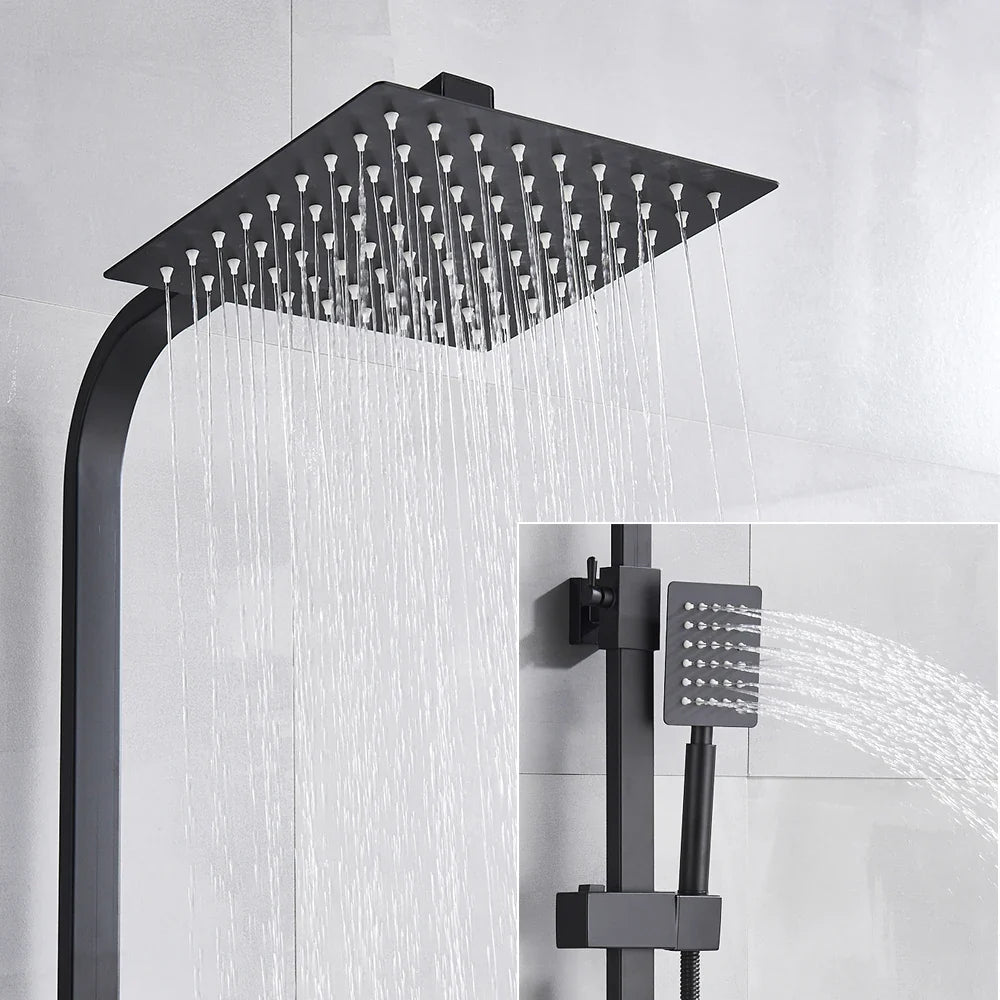 Afralia™ Matte Black Thermostatic Shower Set with Dual Handle Rain Waterfall