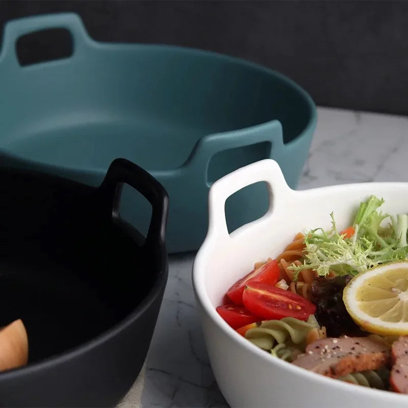 Afralia™ Ceramic Double Handle Salad Bowl | Deep Porcelain Serving Dish