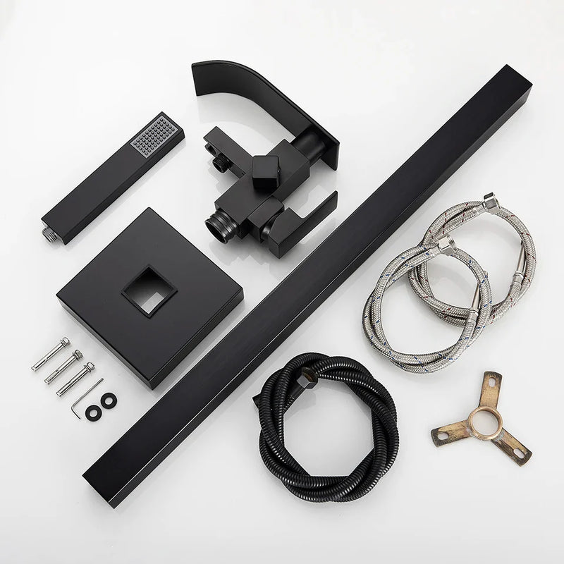 Afralia™ Black Floor Mounted Bathtub Faucet Set with Waterfall Mixer Tap