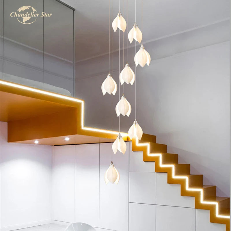 Afralia™ Ceramic Flower LED Chandelier | White Gold Pendant Light for Home Decor